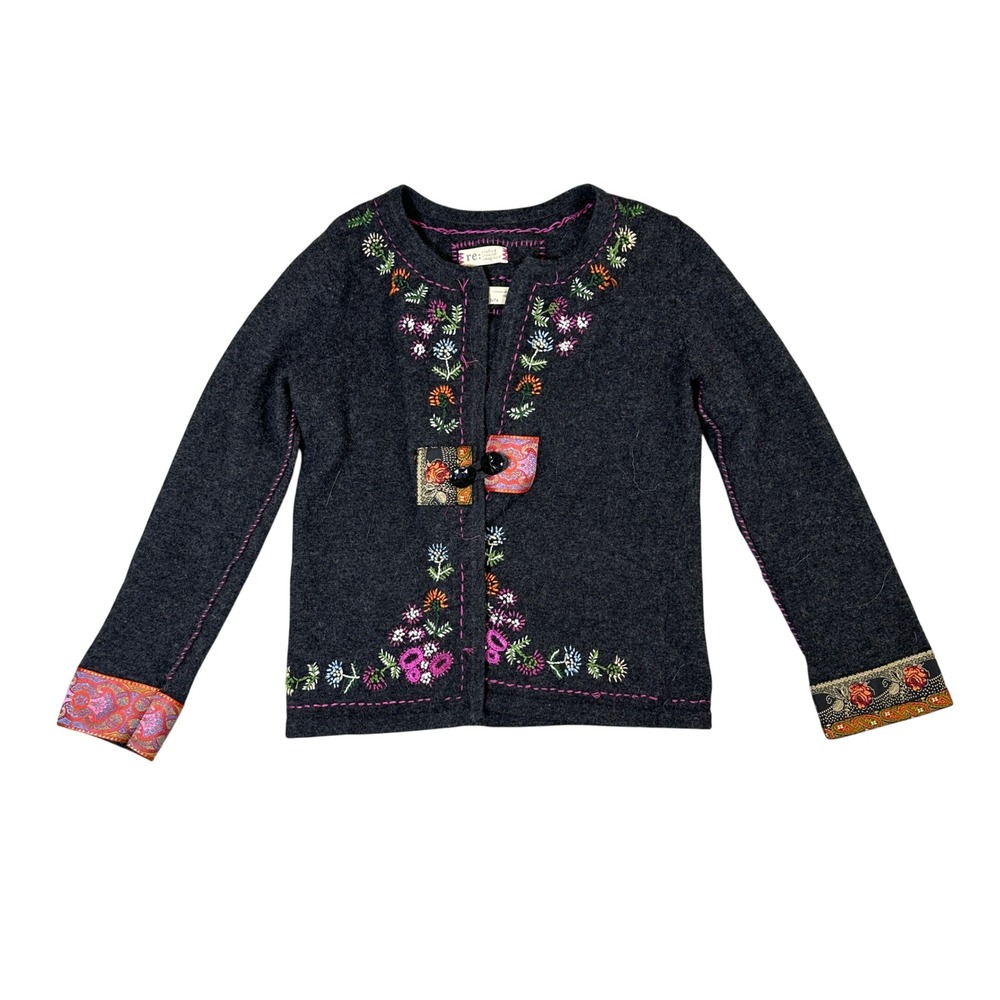 J. Jill Limited Edition re:crafted Embroidered Wool Cardigan Gray Floral BoHo S